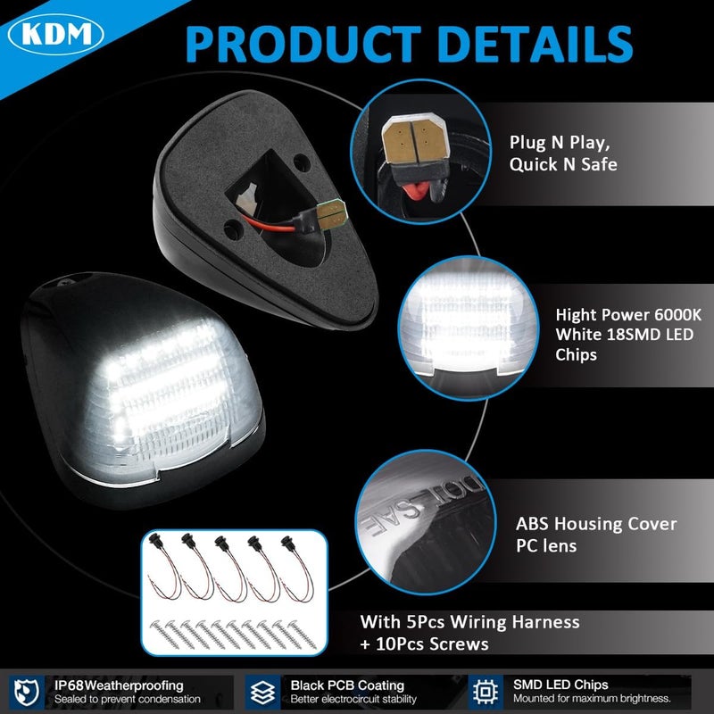 KDM Smoked Lens Led Cab Roof Top Marker Lights assembly Fit for 1999-2016 Ford F250 F350 F450 F550 F650 F750 E150 E250 E350 E450 Super Duty，Mounted Running Clearance Bright White,5Pcs Pack - Image 3